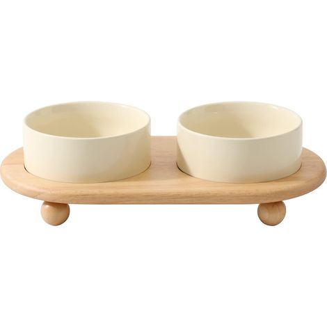 Gamelle surélevée en céramique pour chat, avec support, bol pour nourriture et eau, 2 pièces beige (1/5)