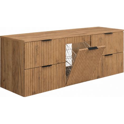 Meuble sous vasque suspendu avec panier à linge, chêne Craft / plan noir, poignées dorées, 160 x 46 x 57 cm (1/5)