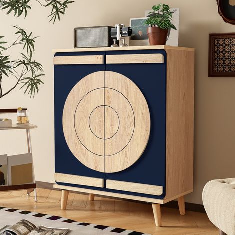 Schuhschrank 76x37x98.5 cm Blau und Natur aus Spanplatte mit geometrischen Türen und mehrstufigem Stauraum (1/5)