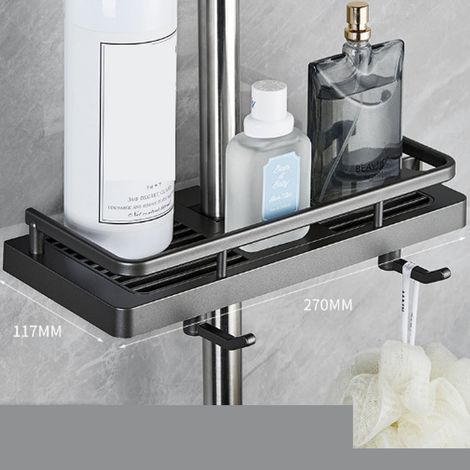 Duschablage mit vorgebohrten Löchern, Badezimmeraufbewahrung, höhenverstellbare Halterung mit 2 Haken, kompatibel mit Duschstangen von 20 bis 3 cm Durchmesser (1/5)
