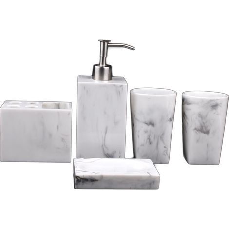 Ensemble d'accessoires de salle de bain 5 pièces en marbre pour décoration de salle de bain avec porte-brosse à dents, distributeur de savon, porte-savon, 2 gobelets, encre blanche (1/5)