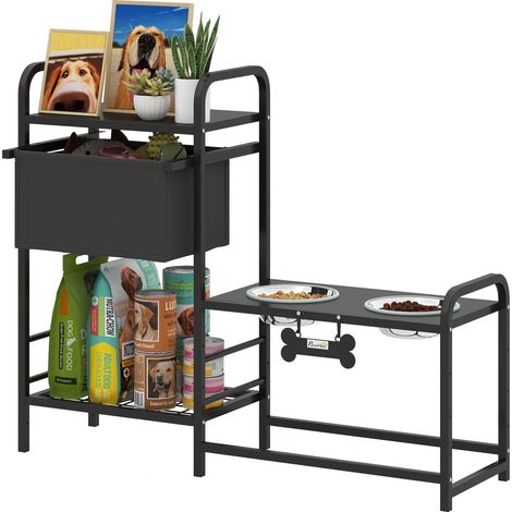 Erhöhter Hundenapf Höhenverstellbar Futternapf mit Stauraum Wassernapf 2 x 800ml Edelstahlnäpfen 89,5x27x74 cm Schwarz