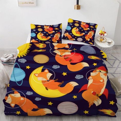 Bettwäsche-Set 200x200 cm 3-teilig mit 2 Kissenbezügen 80x80 cm, 100% Mikrofaser, 3D Motiv Fuchs Weltall