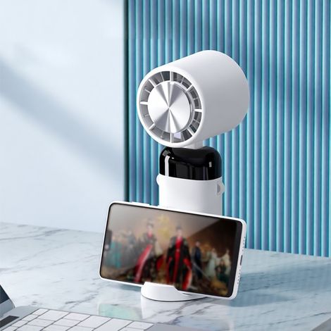 Ventilateur de table portable avec cou et angle réglable à 90°, batterie 3600 mAh, 3 vitesses, base servant de support pour téléphone et d'indicateur de batterie. (1/2)