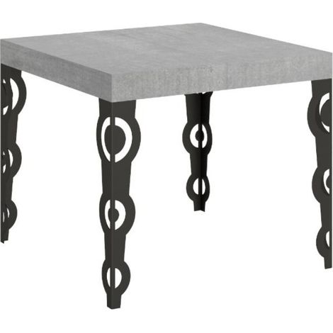 Petite table carrée 90x90 cm extensible 10 personnes 90 à 246 cm gris béton et pieds métal anthracite Kazay (1/5)