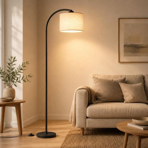 Lampadaire pour salon, 170 cm, arc, moderne, avec abat-jour en lin beige réglable et interrupteur à pied, ampoule LED E27 3000 K incluse, lampe de lecture pour chambre à coucher, chambre d'enfant (1/5)