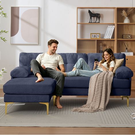 Divano angolare 187.5x130x79 cm blu in tessuto chenille con chaise reversibile e struttura in legno (1/5)
