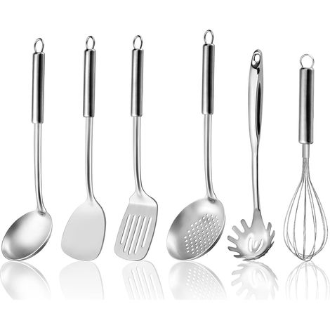 Küchenutensilien, 6-teiliges Edelstahl-Küchenhelfer-Set mit Aufhängegriff, Pfannenwender, Topfheber, Suppenkelle, Schaumlöffel, Schneebesen, Pastalöffel, spülmaschinenfest (1/5)