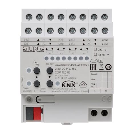 Jung Actuador de persiana KNX 4 veces AC 110-230 V, 2 veces DC 12-48 V, REG, 4 TE 2504 REGHE