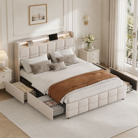 Lit coffre 140×190 cm, éclairage LED et port USB, lit capitonné, 4 tiroirs, grande capacité, cadre de lit 140×190, lit double, style moderne, sommier à lattes, lit adultes, lit ados, Lin, Beige (1/5)