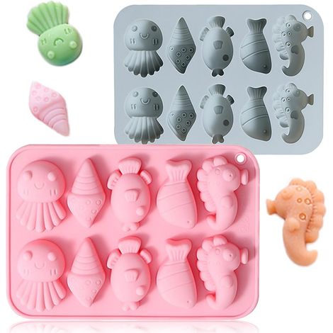 Moule à Chocolat vie Marine à 10 Cavités, Décoration de Gâteau Moule Chocolats Silicone pour Thème Marin de Dessin Animé, 2PCS Moules Silicone Antiadhésifs pour Gâteaux Gelée Glaces Bonbon,Moules À Ch
