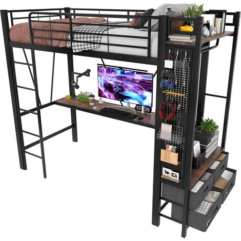 Letto a soppalco 90x200 cm in metallo e MDF con scrivania, 4 cassetti, mensole, asta appendiabiti, presa USB-C e LED, nero per camera da letto – CHICFURN (1/5)
