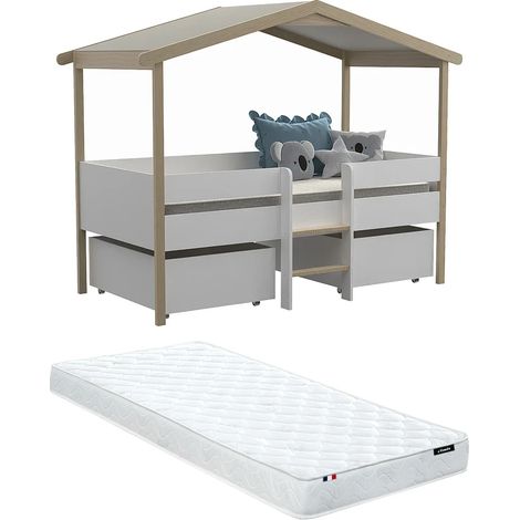 Letto a capanna con cassetti + Materasso 90 x 190 cm Tiglio Bianco e Rovere - SAROSI (1/5)