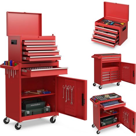 COSTWAY 2 in 1 Mobiler Werkzeugwagen mit 8 Schubladen & Schloss & Haken, Abnehmbarer Werkzeugschrank Metall auf Rädern, Werkstattwagen leer, Rollwagen für Garage & Werkstatt (Rot) (1/5)