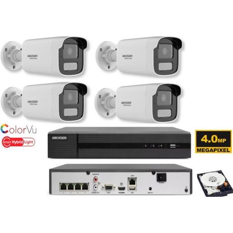 KIT videosorveglianza ip POE Hikvision Nvr 4 canali 4K 4 telecamere Smart Hybrid ColorVu 4 MP hdd 1TB