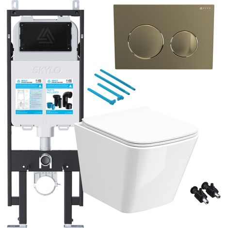 Gloss White Rimless Compact Square Wall Hung Toilet with 1.14m Concealed Cistern Frame Set - Brushed Brass Plate (1/4)