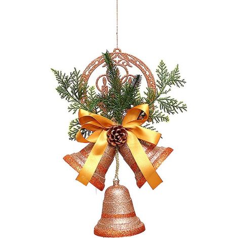 Décorations de cloches de Noël, attachées avec de la corde, des aiguilles de pin et un ruban, convenant aux travaux manuels, aux cadeaux de fêtes (doré). (1/4)