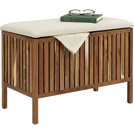 Relaxdays baúl para ropa sucia con asiento/banco, 80 L, 56×78×39 cm, acacia y tela, marrón/blanco (1/5)