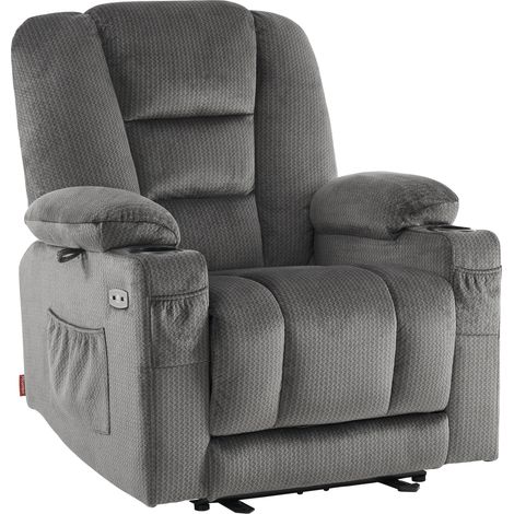 M MCombo Fernsehsessel elektrisch verstellbar, Relaxsessel mit Liegefunktion, TV Sessel mit Massage & Wärmefunktion, USB & Getränkehalter, Wohnzimmer, Stoff, 7008 (Grau-Stoff)