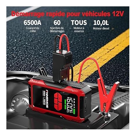Booster Batterie Voiture Compresseur D’Air, Jump Starter Moteur, Port de Charge USB, lumière Écran Large. (1/4)