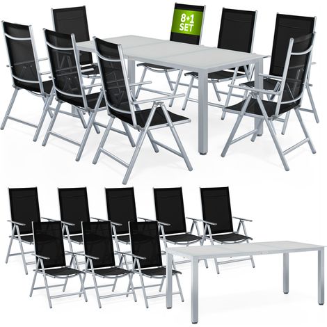 CASARIA® Gartenmöbel Set 8 Stühle mit Tisch 190x90cm Aluminium Sicherheitsglas Wetterfest Klappbar Modern Terrasse Balkon Möbel Sitzgruppe Garnitur Bern silber