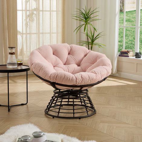 Fauteuil Papasan rotin – 360° – Coussin épais – Marron/rose – Salon/Chambre/Lecture – Velours côtelé (1/5)