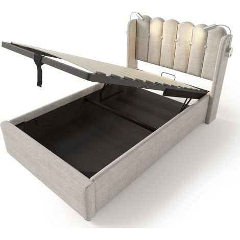 Stauraumbett 90×200 cm, Einzelbett mit 2 USB, Leselampe und Bettkasten, Matratze Inklusive, Leinen Beige (1/5)
