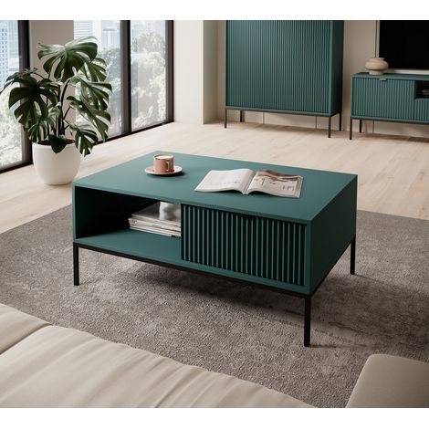 Azura Home Design – Table basse fixe 104 cm vert – Style épuré avec tiroir de rangement – Poignées et piétement en aluminium noir – Idéale pour salon moderne (1/5)