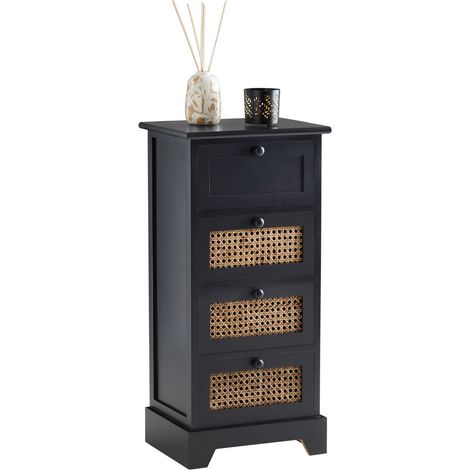 Idimex – Chiffonnier vintage noir en bois paulownia – 4 tiroirs avec inserts en rotin – Dimensions 76x35x29cm (H x L x P) (1/4)