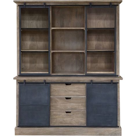 Made In Meubles – Vaisselier en bois de manguier brossé et métal gris – Dimensions 210x170x45cm – Meuble de rangement industriel – Entretien facile