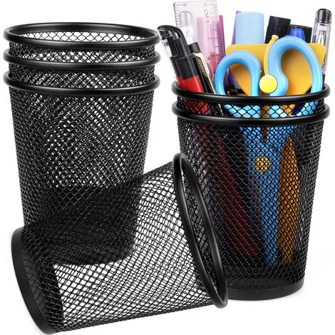 BEBUSINGOTO Porte-crayon en maille, tasse à stylo en métal noir pour bureau, 6 paquets (1/4)