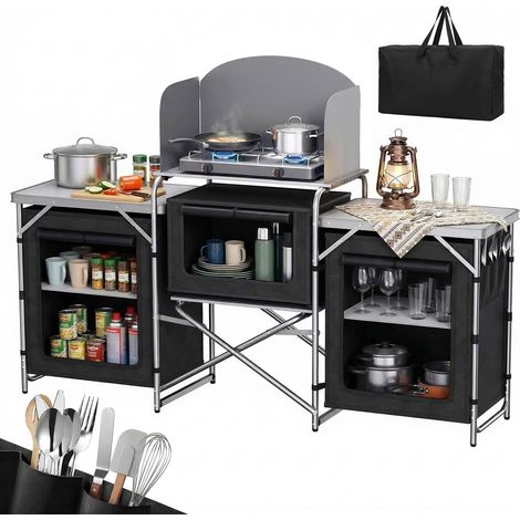 Sekey Campingschrank Campingküche mit Aluminiumgestell inkl.Tragetasche, Schwarz (1/4)