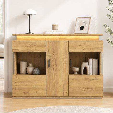Aparador 120x40x79,5 cm de madera clara con almacenaje, LED y puerto USB FLORAGRACE (1/5)