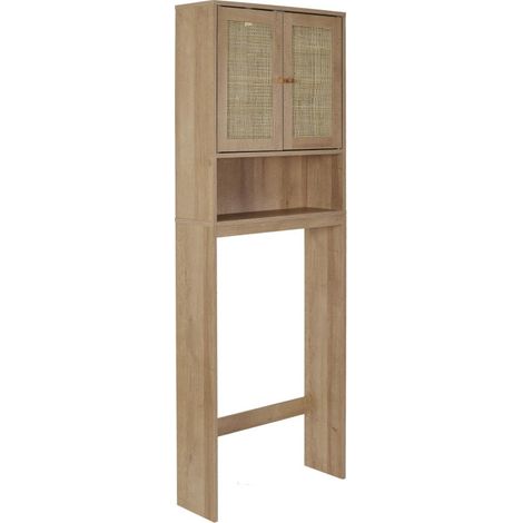 The Home Deco Factory – Meuble bas de salle de bain rustique chic – Rangement en bois clair avec portes en rotin – Optimise l'espace au-dessus des WC