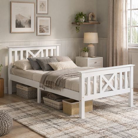 DESMIU Lit simple 1 place avec 2 tiroirs, tête de lit en X et sommier intégré, 90 × 200 cm, sans matelas (1/5)