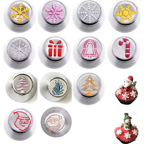 13 douilles à pâtisserie en acier inoxydable, douilles à pâtisserie sans couture, motif de Noël pour gâteau, 13 pièces. (1/5)