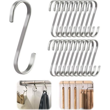 20 Pieces Metal S-Hooks, Stainless Steel Hanging S-Hooks for Kitchen Utensils, Hooks and Pegs for Home, Cup Hook for Garden Tools, Maximum Load 10kg (1/5)