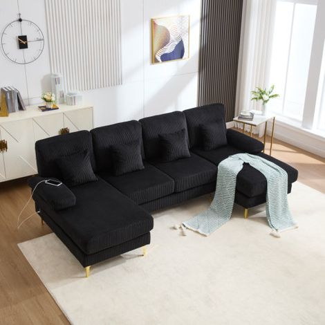 Canapé en U moderne avec éclairage ambiant LED et cadre en bois massif USB-C, 4 coussins luxueux et appuie-dos ergonomique premium pour un maximum de confort (1/5)