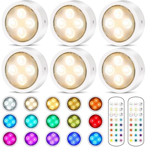 LED Sans Fil Lampe de placard, Adhesive Spot LED à Pile avec Telecommande Couleur rgb Lumiere pour Armoire (Lot de 6 Blanc) (1/5)
