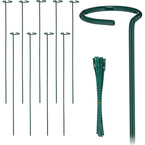 Relaxdays Supporto per Piante Rampicanti, Set 10 Sostegni Piantine, Anello e Legacci per Rose, Fiori, 80 cm, Verde Scuro