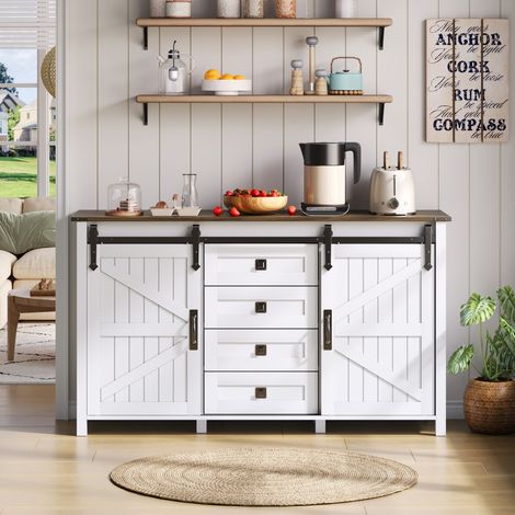 Sideboard für Wohnzimmer und Küche – 137 x 40 x 81,5 cm – 2 Schiebetüren, 4 Schubladen, rustikaler Vintage-Stil – weißes MDF-Holz (1/5)