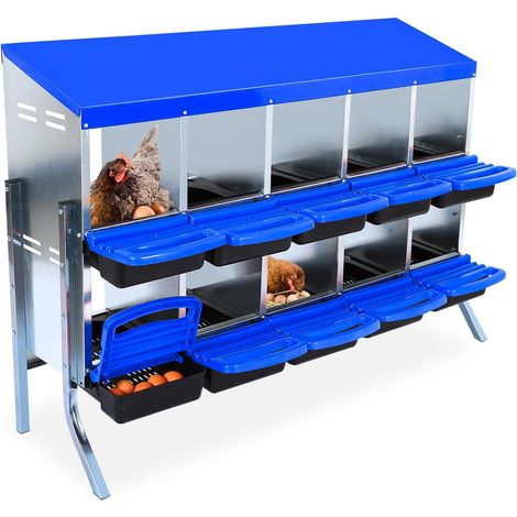 Pondoir Poules 10 Compartiments en Acier Galvanisé - avec Bac de Récupération et Support - 133x52x95 cm - Bleu (1/5)