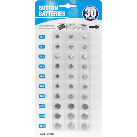 Pack 30 Piles Bouton pour Jouets, Montres, Télécommandes de Garage, Calculatrices, Clés - Alcalines - Pile LR44(AG13) LR43(AG12) LR1130(AG10) LR754(AG5) LR626(AG4) LR41(AG3) LR621(AG1) (1/5)
