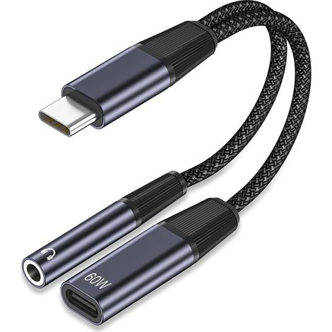1 Adaptateur USB C Vers Jack 3.5mm, Charge Rapide 60W, Audio Hi-Fi, Nylon Tressé, Pour Smartphone