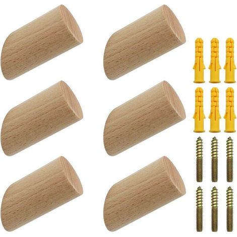 Set mit 6 Holz-Garderobenhaken, Wandhaken aus Naturholz, 3 x 6 cm, 45°-Winkel, Buchenholz, Aufhänger für Kleidung, Schals, Hüte, Taschen – Maximale Traglast 15 kg