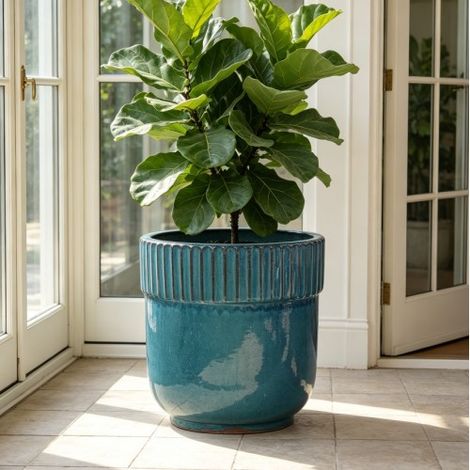 Pot de fleurs individuel en céramique artisanale (Ø 38 cm), bleu turquoise brillant avec bord rainuré vertical, respirant, résistant au gel et muni de trous de drainage pour les grandes plantes d'inté (1/5)