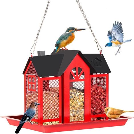 Mangeoires à oiseaux pour l'extérieur, grande capacité anti-écureuils, nichoirs à oiseaux suspendus en métal avec perchoir et toit pour jardins, terrasses, pelouses, rouges (1/5)