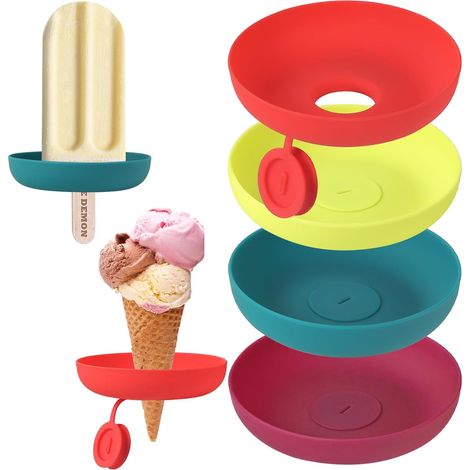 Lot de 4 supports à glace pour enfants avec bac récupérateur de gouttes, accessoires pratiques pour tenir glaces et bâtonnets glacés proprement pendant l’été, les fêtes et les anniversaires (1/5)