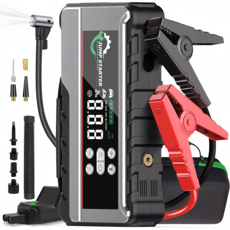 Booster de démarrage auto 12V 3000A 26800mAh  Pompe à air intégrée  Souffleur  Écran LED  Tous véhicules  Noir et gris