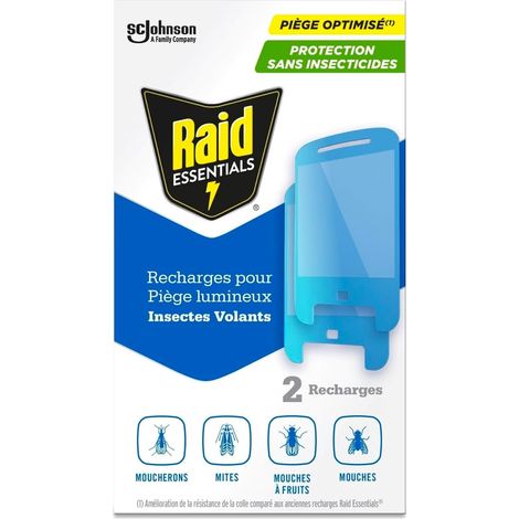 Raid Essentials Recharges Piège Lumineux Anti-mouches, moucherons et mites - Protection 24h/24 - Sans insecticides, utilisable en présence d’enfants et d’animaux - Usage intérieur - 2 recharges